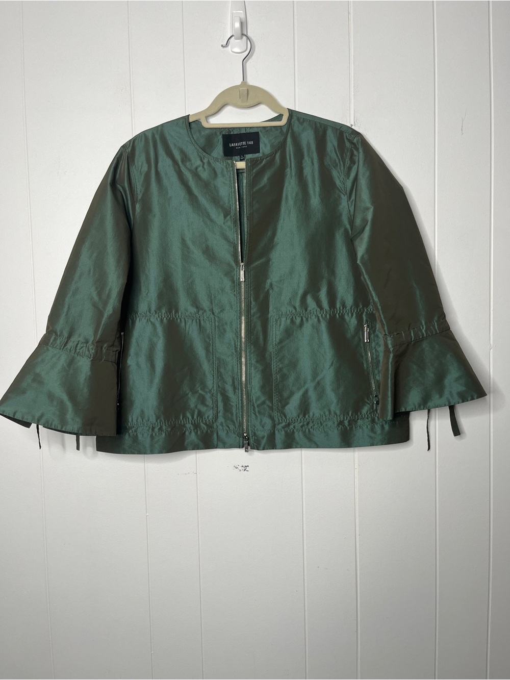 Lafayette 148 Collarless Green Bell-Sleeve Zip Jacket Bronze Metallic Sheen L